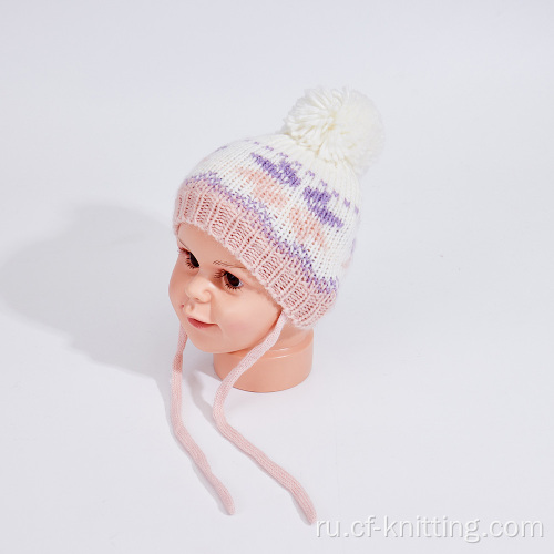 Детская вязаная шляпа со снежинками Жаккарда